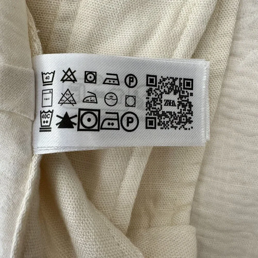 Zara Linen Blend Ivory / Light Cream High Rise Embroidered Wide Leg Pants XL